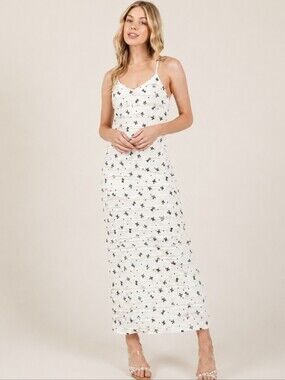Pretty Garbage Maxi Dress Cream Ribbon Print Lace Detailing Bodycon Women's Sz M
